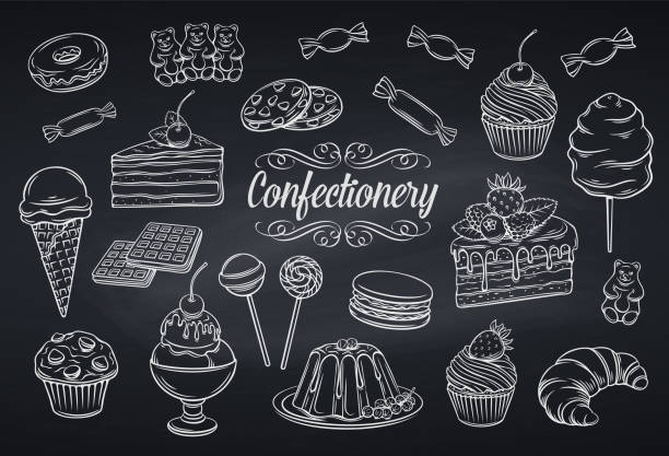 set confectionery and sweets icons Hand drawn set confectionery and sweets icons on chalkboard. Dessert, lollipop, ice cream with candies, macaron and pudding. Donut and cotton candy, muffin, waffles, biscuits and jelly. Vector illustration. baked pastry item stock illustrations
