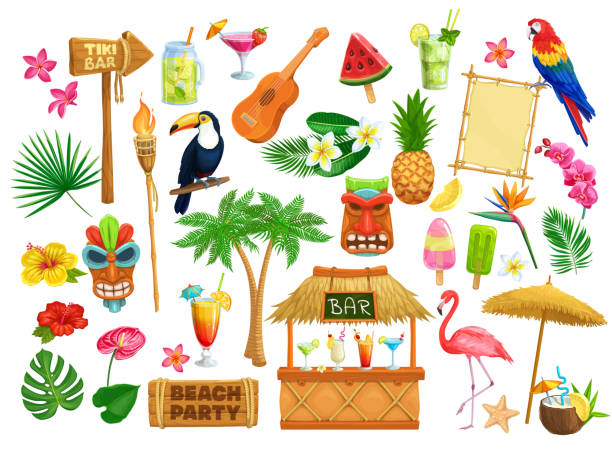 illustrazioni stock, clip art, cartoni animati e icone di tendenza di icone festa spiaggia hawaiana - tiki