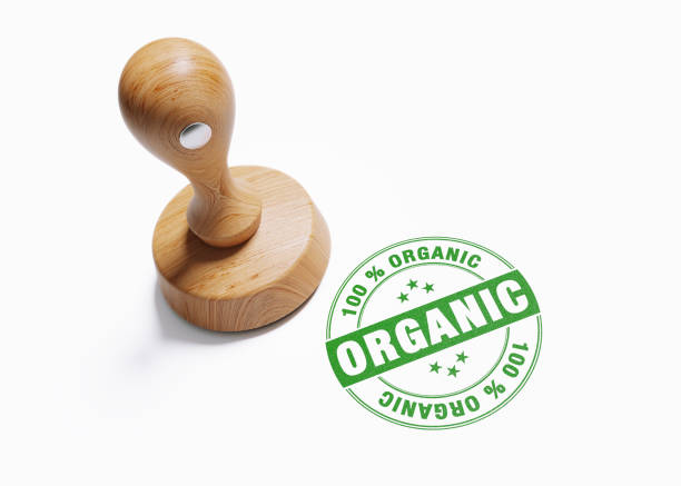 istock Wooden 100 % Organic Stamp On White Background 1054696440