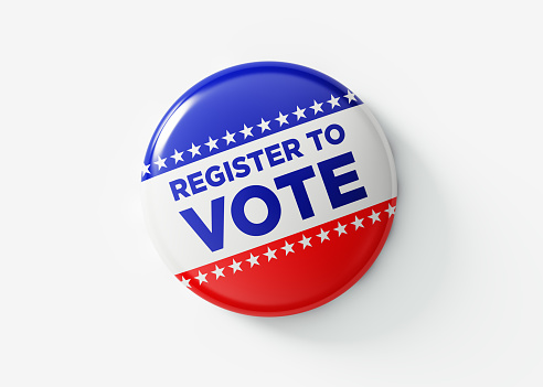 Register to vote badge for elections in the United States of America. Isolated on white background. Great use for election and voting concepts. Clipping path is included.