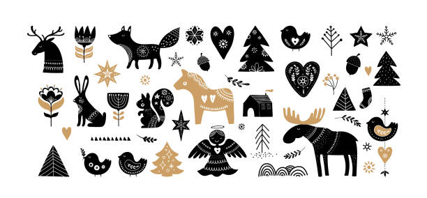 weihnachten illustrationen, banner-design hand gezeichneten elemente im skandinavischen stil - horse sign black vector stock-grafiken, -clipart, -cartoons und -symbole