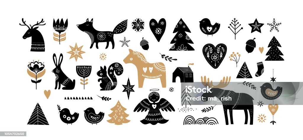 Christmas illustrations, banner design hand drawn elements in Scandinavian style Christmas illustrations, banner design hand drawn elements and icons in Scandinavian style Christmas stock vector