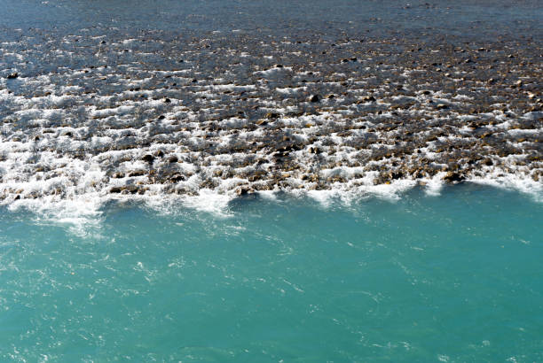 Rhine river with rocks and different color blue water in Switzerland near Maienfeld