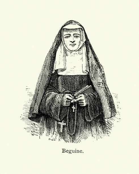 Vintage engraving of Beguine Nun. The Beguines were Christian lay religious orders that were active in Northern Europe, particularly in the Low Countries in the 13th–16th centuries.
