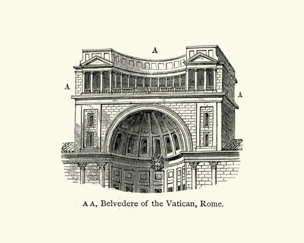 Vintage engraving of Architecture, Belvedere of the Vatican, Rome, 19th Century. An architectural structure sited to take advantage of a fine or scenic view.