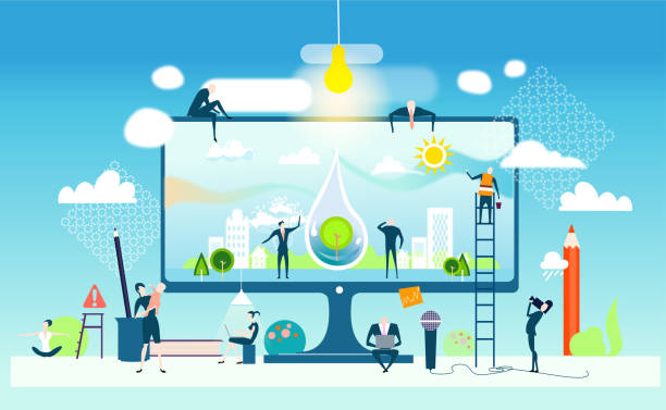 Business people working together towards the clean future. Water and national recourses Business concept illustration. Business people working together towards the clean future. Water and national recourses Business concept illustration. environment computer cloud leadership stock illustrations