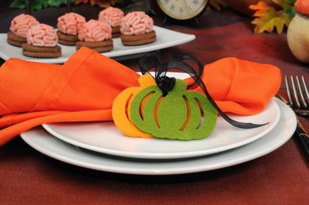 istock Napkin decorated with pumpkins for Halloween 1054724888