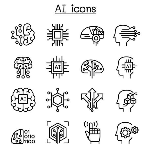 ai, künstliche intelligenz iconset in dünne linienstil - artificial intelligence stock-grafiken, -clipart, -cartoons und -symbole