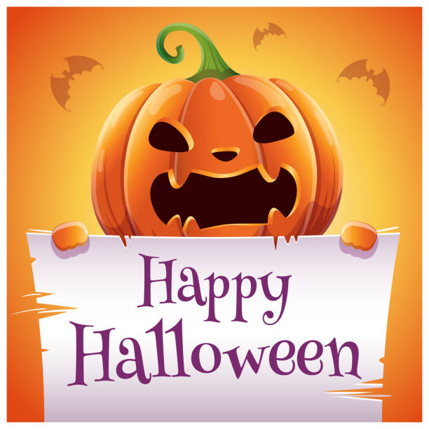 happy halloween-poster mit böse böse kürbis mit pergament auf orangem hintergrund. happy halloween-party. - scroll halloween pumpkin letter stock-grafiken, -clipart, -cartoons und -symbole