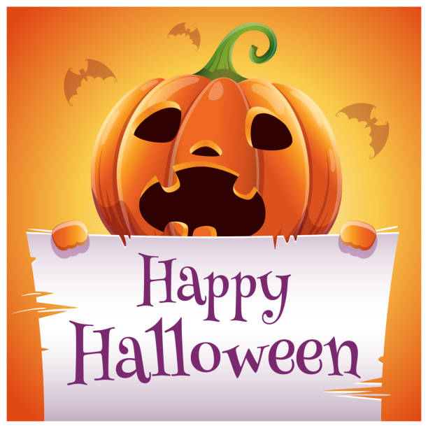 happy halloween-poster mit angst kürbis mit pergament auf orangem hintergrund. happy halloween-party. - scroll halloween pumpkin letter stock-grafiken, -clipart, -cartoons und -symbole