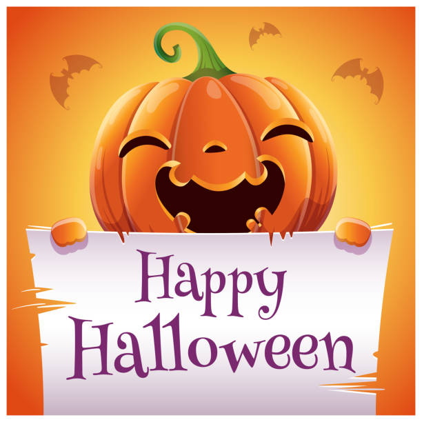 happy halloween plakat mit lächelnden kürbis mit pergament auf orangem hintergrund. happy halloween-party. - scroll halloween pumpkin letter stock-grafiken, -clipart, -cartoons und -symbole