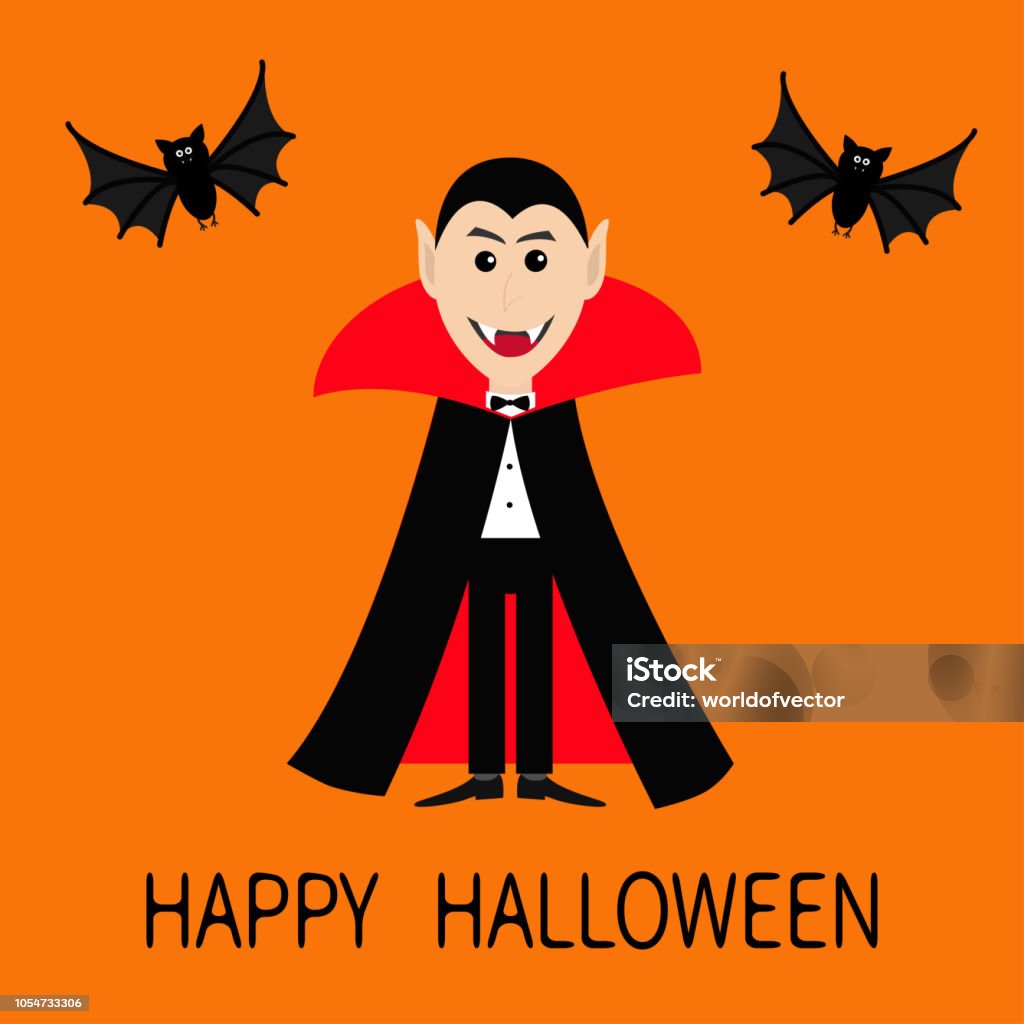 Count Dracula Wearing Black And Red Cape Cute Cartoon Vampire Character Face  With Fangs Two Flying Bat Animal Happy Halloween Flat Design Orange  Background Stock Illustration - Download Image Now - iStock