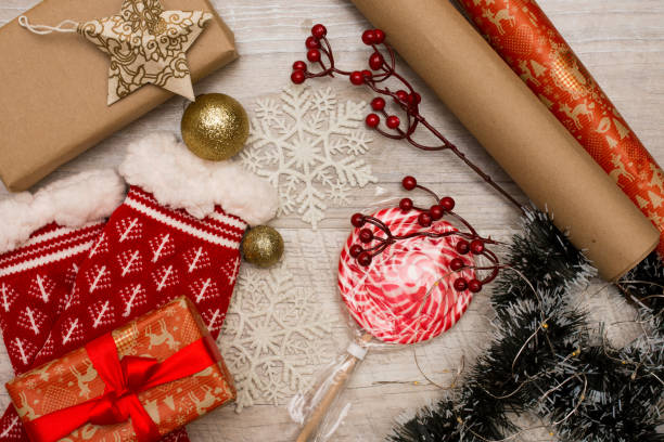 istock Christmas decoration collection on wooden table top view 1054735030
