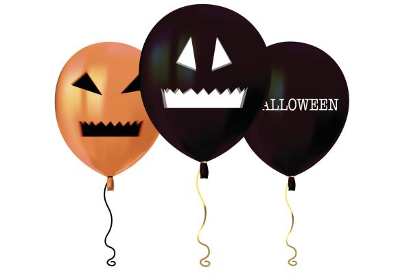 istock Halloween air flying balloons. Scary pumpkin face and black balloons. Halloween vector collection. 1054738190