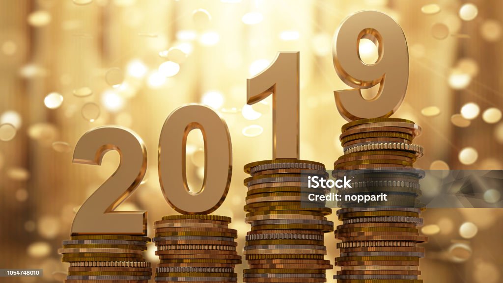 2019 Gold coins falling Currency Stock Photo