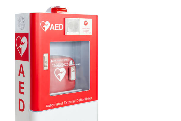 AED box or Automated External Defibrillator medical first aid device isolated on white background AED box or Automated External Defibrillator medical first aid device isolated on white background defibrillator photos stock pictures, royalty-free photos & images