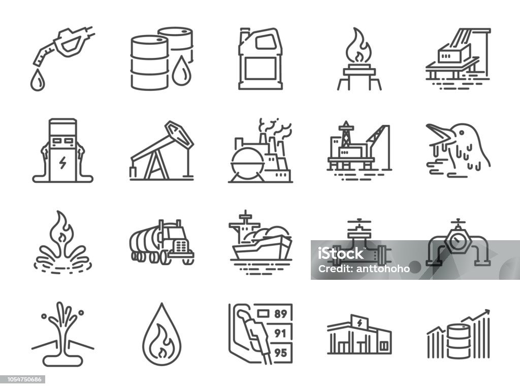 Aceite y petróleo línea icono sistema. Incluye iconos como energía, combustible, energía, estación de gas, petróleo crudo y más. - arte vectorial de Ícono libre de derechos