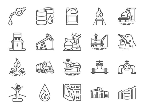 ilustraciones, imágenes clip art, dibujos animados e iconos de stock de aceite y petróleo línea icono sistema. incluye iconos como energía, combustible, energía, estación de gas, petróleo crudo y más. - petróleo