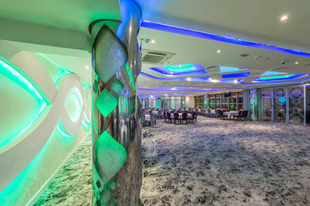 istock Led lightening decorations in modern interior of banquet hall 1054751854