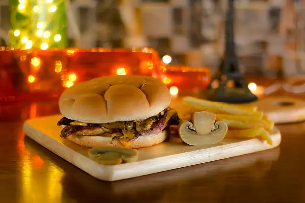 Roast Chicken and Creamy Garlic Mushroom Burger with french Fries