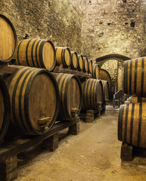 istock Oak barrels with the wine at cellar 1054761754