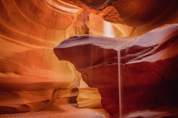 Little Sand Fall Antelope Canyon Page Arizona USA Little Sand Fall inside beautiful Antelope Canyon in early morning light. Long time Exposure. Motion Blured Sand Fall in the Canyon. Page, Arizona, USA rock formations stock pictures, royalty-free photos & images