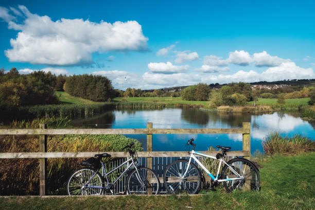 Two bicycles parking near the fence opposite the picturesque lake stock photo