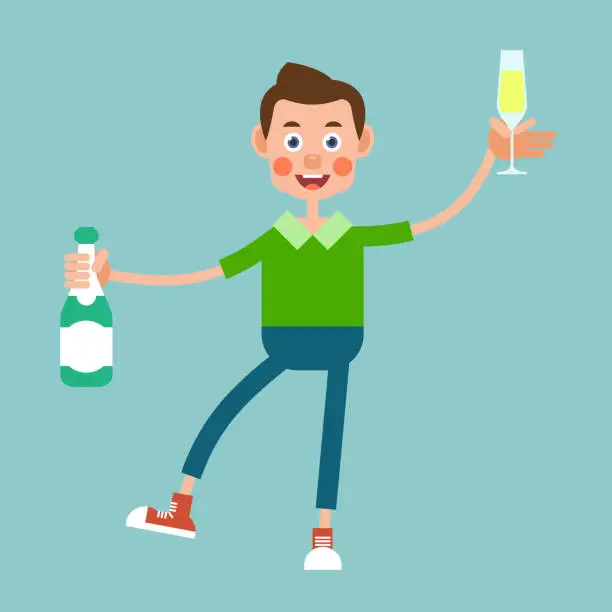 Vector illustration of Man drinking alcohol. Celebration concept. Boy is holding a bottle in one hand, and in his other hand a glass of champagne. Illustration in flat style. Isolated