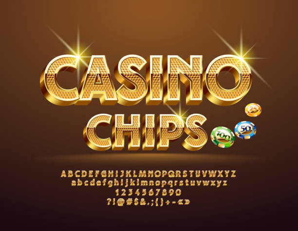 Vector Golden pattern text Casino Сhips with Alphabet Luxury 3D Font. Sparkling elegant Letters, Numbers and Symbols gold or aquarius or symbol or fortune or year stock illustrations