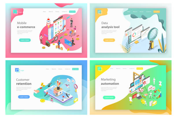 Web Isometric vector landing page headers for mobile e-commerce, data analysis tools, customer retention, marketing automation. email marketing automation stock illustrations