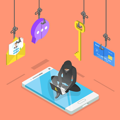Isometric flat vector concept of phishing, computer virus, hacking, cyber attack.