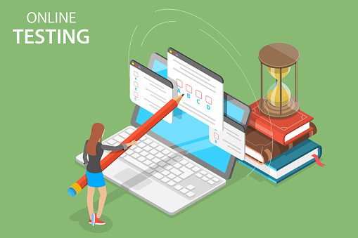 Isometric flat vector concept of online testing, questionnaire form, online education, survey, internet exam.