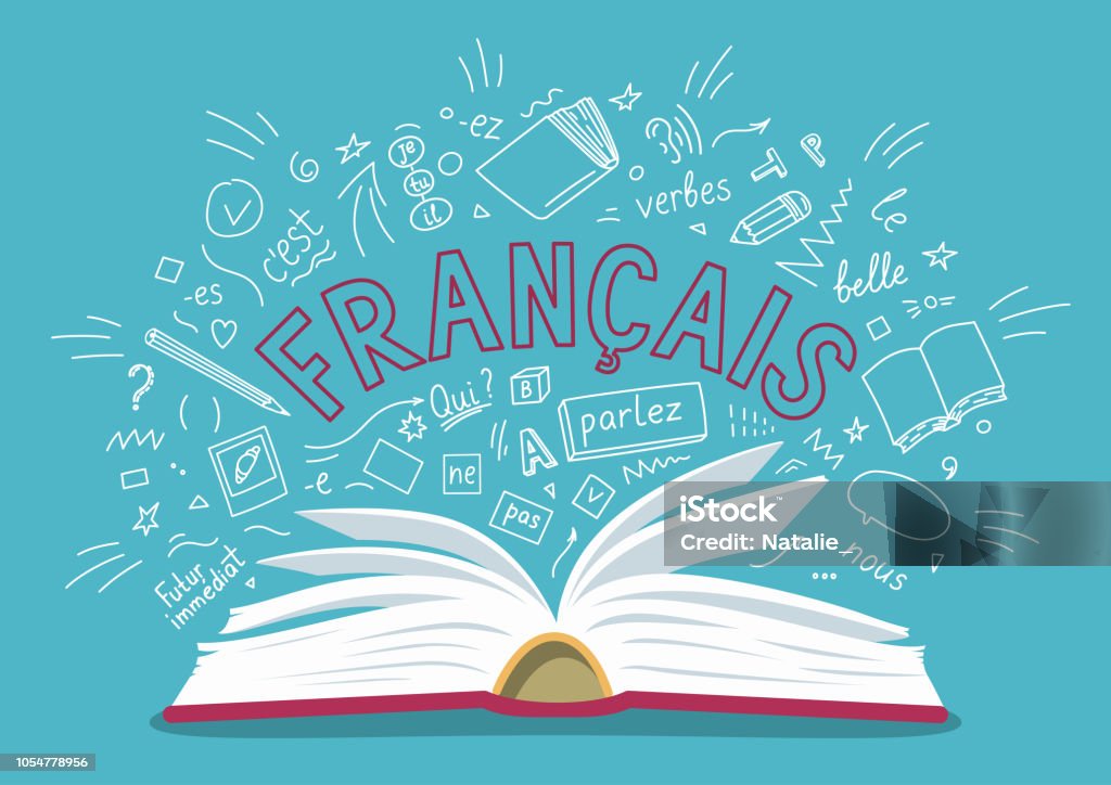 French Francais. Translate: "French". Open book with language hand drawn doodles and lettering. Language education vector illustration. French Language stock vector