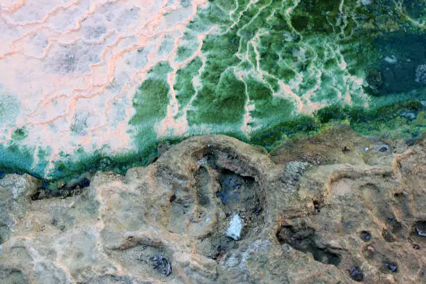 Photo of hydrogen sulfide salts therapeutic mineral water similar to the waves of the sea in Karlovy Vary, Czech Republic.