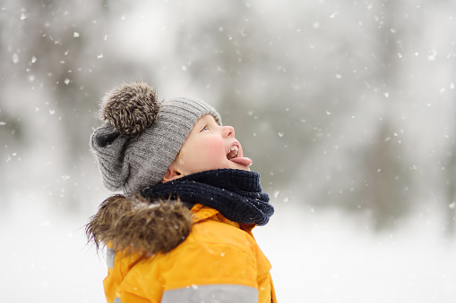 Cute little boy catching snowflakes with her tongue in beautiful winter park. Outdoors winter activities for kids.