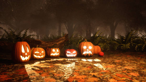 istock Halloween pumpkins in scary autumn forest at dusk 1054787314
