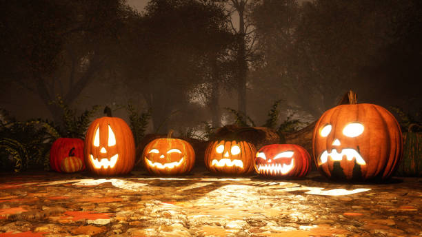 istock Various halloween pumpkins in fall forest at dusk 1054787414
