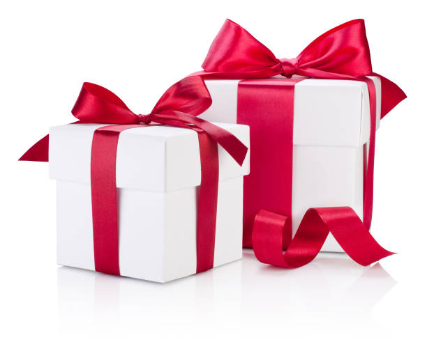 istock Two white gift boxes tied burgundy ribbon bow Isolated on white background 1054791864