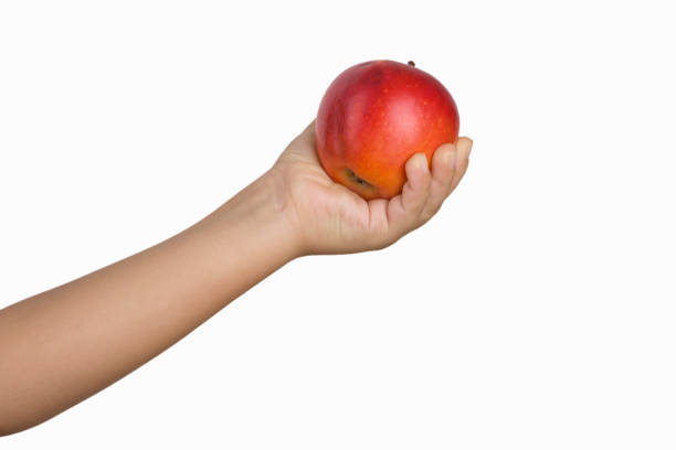 istock Little boy hand holding Red apple 1054794572