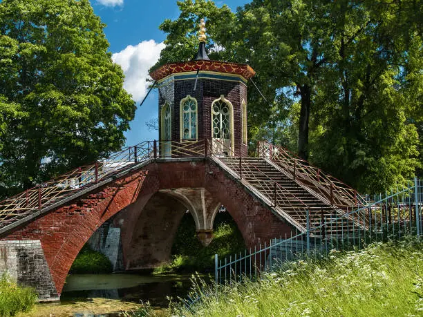 Photo of Bridge with Chinese-style gazebo in the Alexander Park in Tsarskoye Selo in St. Petersburg