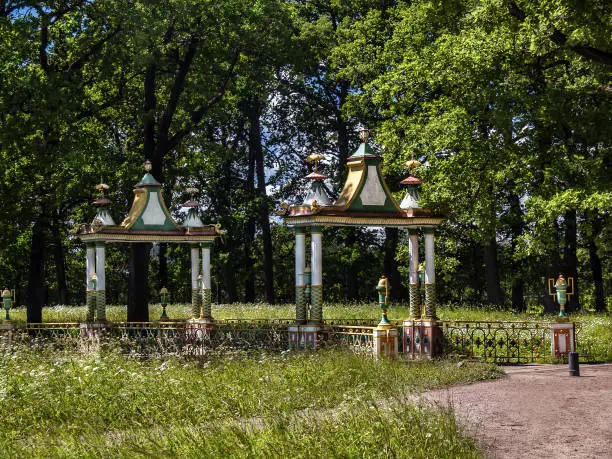 Photo of Chinese-style bridge with turrets and vases in the Alexander Park in Tsarskoye Selo in St. Petersburg