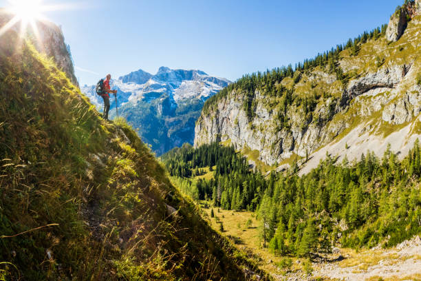 wanderer auf einem bergweg am nationalpark berchtesgaden nahe königssee - landtal - watzmann stock-fotos und bilder