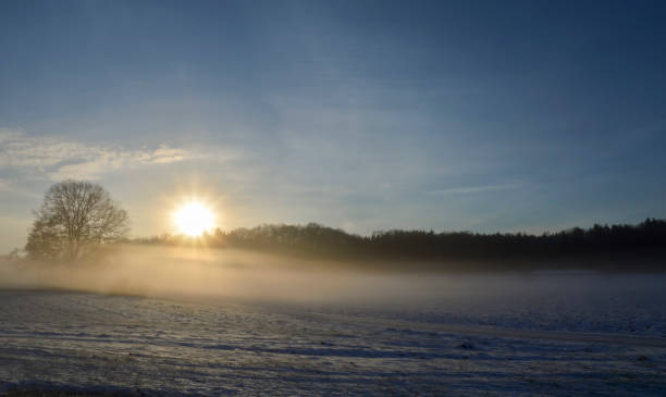 istock Snowy fields in a foggy morning 1054802648