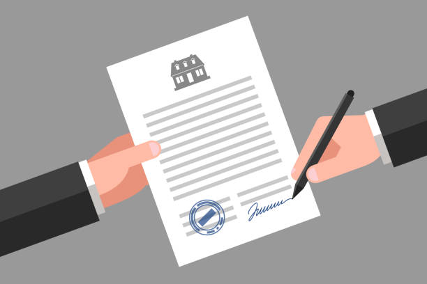 Real estate business document One hand is keeping a document, and another hand is keeping a pen. House icon above the text. Signing of contract. Real estate business and realty insurance agreement illustrations stock illustrations