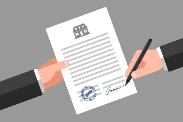 Real estate business document One hand is keeping a document, and another hand is keeping a pen. House icon above the text. Signing of contract. Real estate business and realty insurance warranty paper stock illustrations