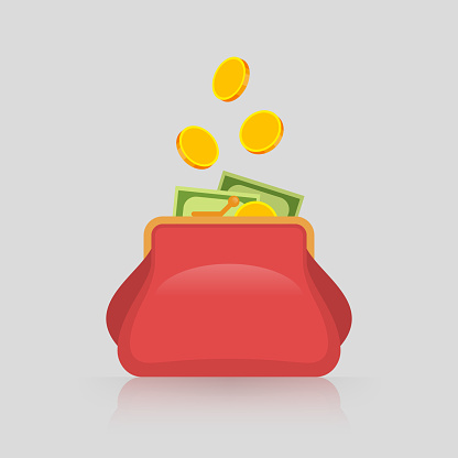Gold coins are falling in red purse. Savings and benefits concept