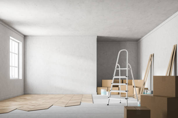 istock Concrete wall room with unfinished wooden floor 1054818542