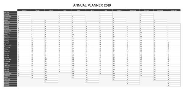 istock Year planning calendar for 2019 in English - Annual planner 2019, greyscale variant 1054826418