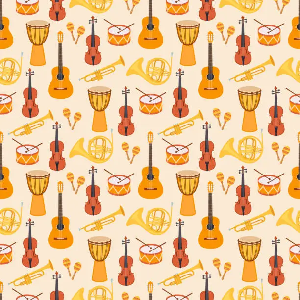 Vector illustration of Seamless stylish colorful pattern of musical instruments on yellow background. Violin, djembe, drum, maracas, guitar, saxophone, pipe. Flat style.