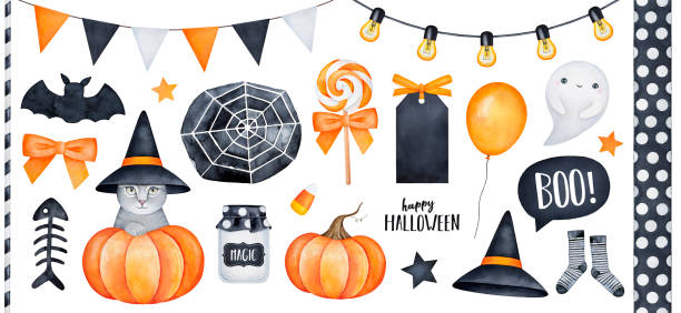 Happy Halloween big collection with kitty character, party garlands and various holiday symbols. Hand drawn watercolour painting on white background, isolated clip art graphic elements for creative design and printable decor. watercolor lantern set stock illustrations